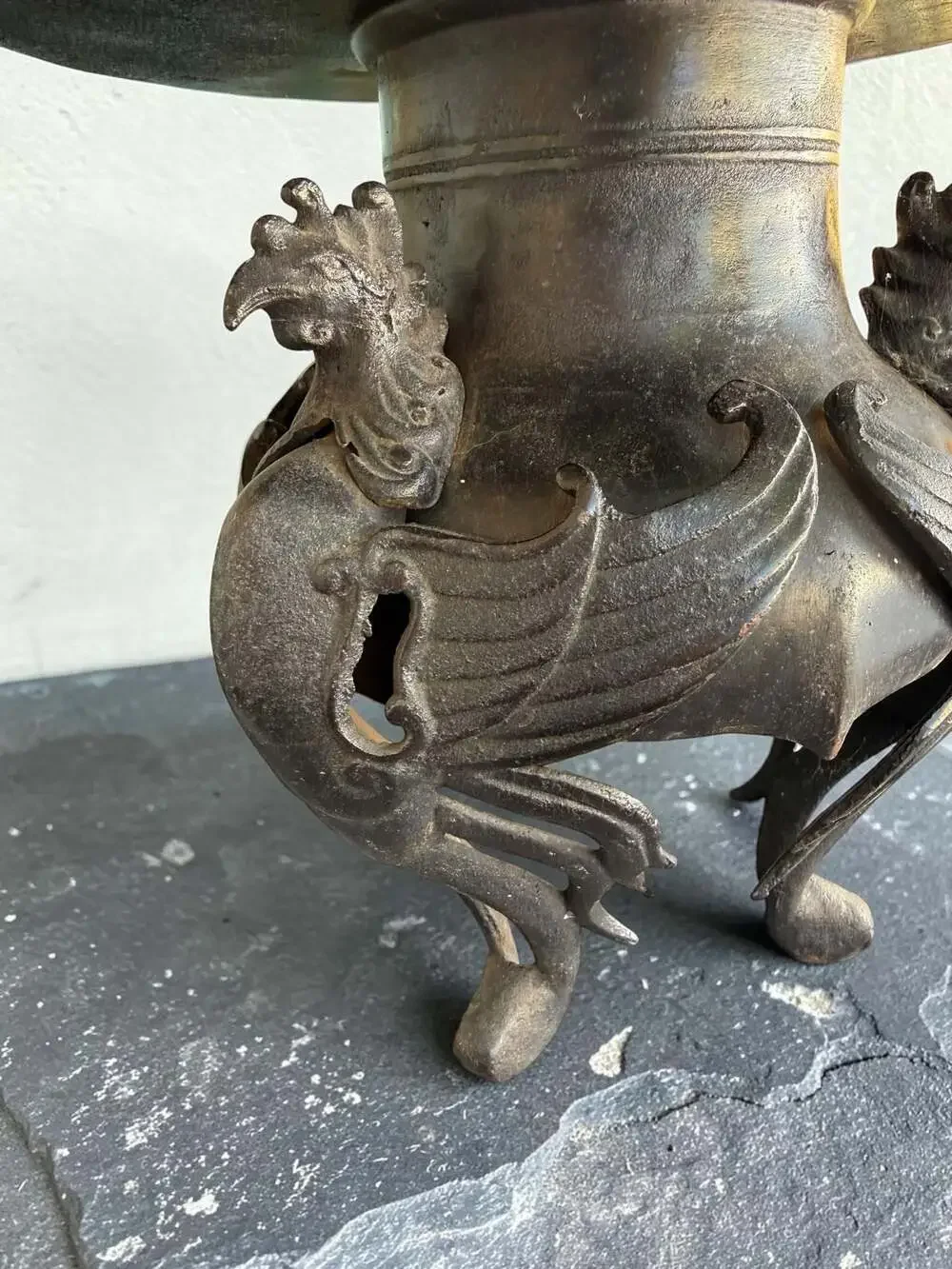 Antique Japanese Bronze Usubata Ikebana Flower Vase with Phoenix Legs